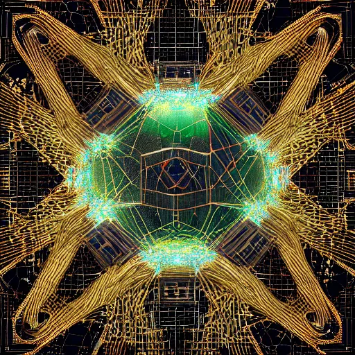 Prompt: Realistic Concept Art Quntum Computer designed by Albert Einstein n blender, Cyan Gold blank light, photorealism, super symmetry, parallelism, antimatter, internet, enter the void, dark-matter, diamond, string theory, virtual reality, 32K, super detailed, details by futuristic Leonardo DaVinci and Stephen Hawking. Wow effect, 3D Render, panorama 360 degree, 3D Projection of 4D. UNREAL ENGINE 5