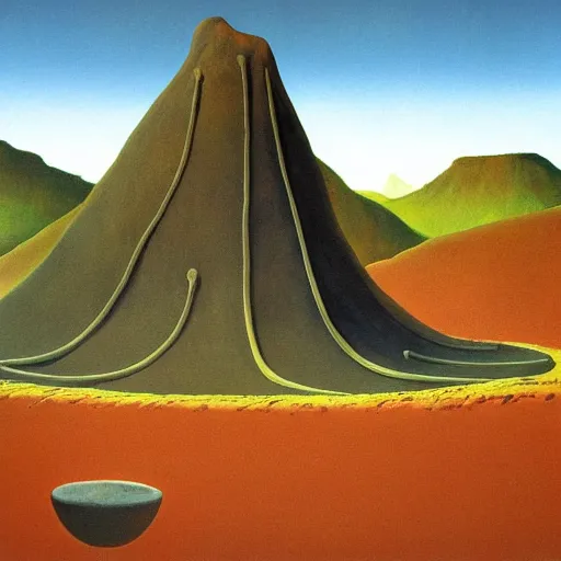 Image similar to a cylindrical pit in the ground, painting by Roger Dean