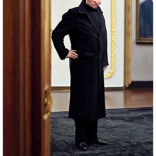 Prompt: putin wearing a long black leather hat, cinematic style, front view, cool looking