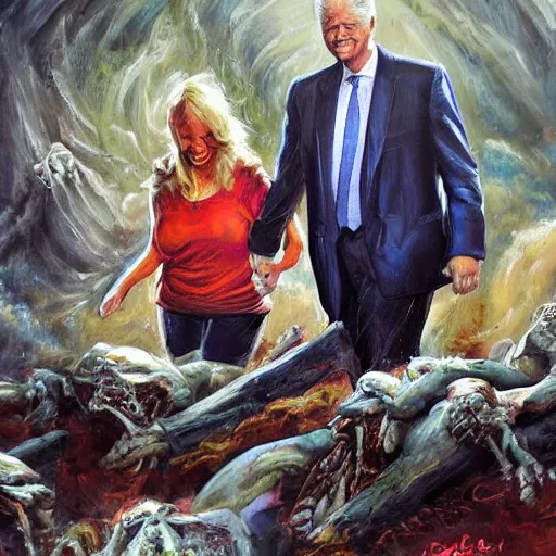 Prompt: highly detailed oil painting, concept art, dr phil and bill clinton, holding hands and dancing on a pile of dead kids, concept art, highly detailed