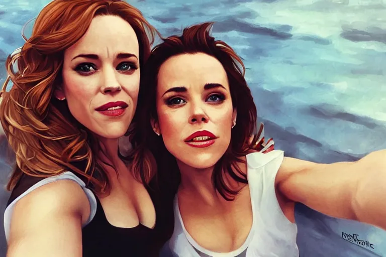 Image similar to rachel mcadams, and isla fisher and eva longoria, in love selfie, artgerm, rhads, ross draws