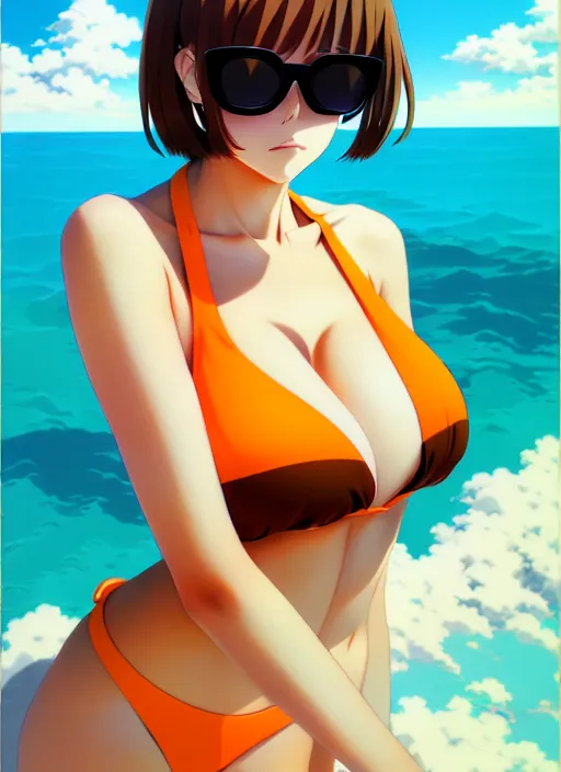 prompthunt: anime portrait of a handsome woman, brown hair, yellow - orange  eyes, wearing sunglasses and two - piece swimsuit, ilya kuvshinov, anime,  pixiv top monthly, trending on artstation, cinematic, danbooru, zerochan