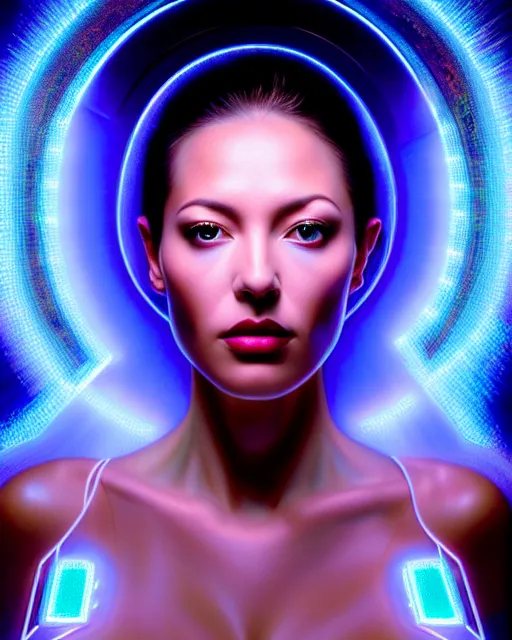 Image similar to beauty woman in holograms of alien artifacts, electrical case display, total recall tech, , ultrarealistic, dramatic lighting, electrical details, high details, 4k, 8k, best, accurate, trending on artstation, artstation, photorealism, ultrarealistic, digital painting, style of Tristan Eaton Stanley Artgerm and Hajime Sorayama, Caravaggio, Boris Vallejo