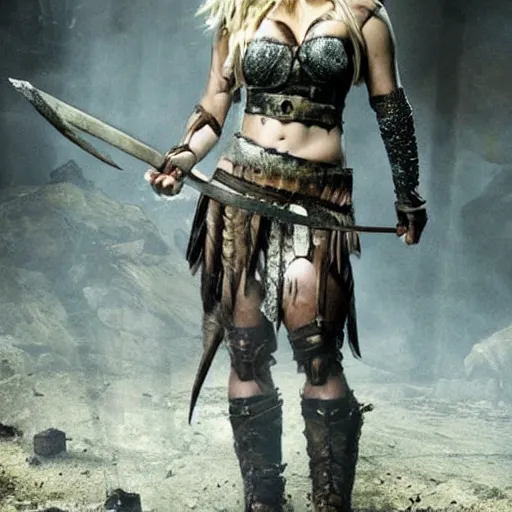 Image similar to elisha cuthbert as a barbarian warrior in a dystopian future battleground