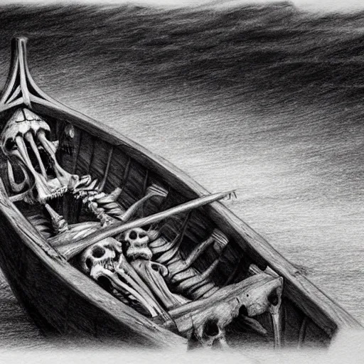 Prompt: close up of skeletons in a boat on a river catching skeleton fish, pencil sketch, realistic shaded, fine details, realistic shaded lighting poster by greg rutkowski