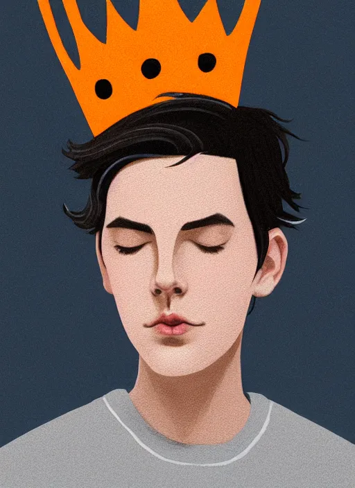 Image similar to portrait of teenage jughead jones wearing a light grey crown, symmetrical crown, sweater with picture of hamburger, eyes closed, crown, black hair, orange, intricate, elegant, glowing lights, warm lighting, highly detailed, digital painting, artstation, concept art, smooth, sharp focus, illustration, art by wlop, mars ravelo and greg rutkowski