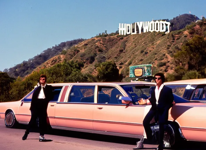 Prompt: color photo. a cool handsome photomodel lening against a limousine on hollywood boulevard in the 8 0's. showing money. hollywood sign in the background