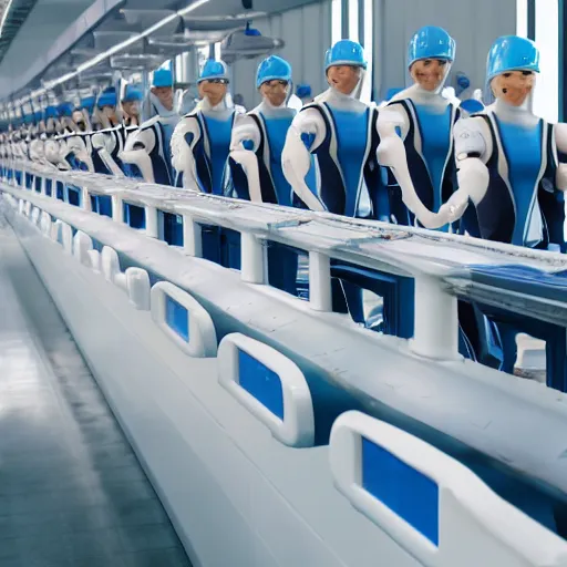 Image similar to troop in formation of athletic humans with light blue neoprene suits and white hair formation on a conveyor belt, futuristic laboratory, sci - fi, highly detailed, hyperrealistic