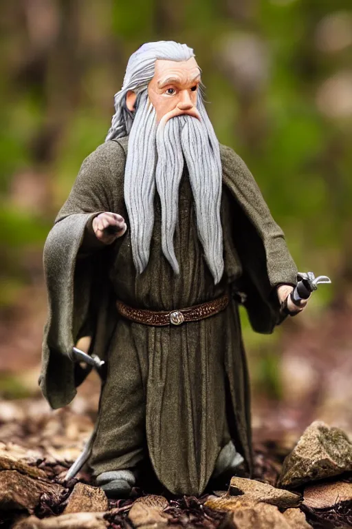 Image similar to A full body portrait of Gandalf in a forest, tilt shift, bokeh, detailed, realistic