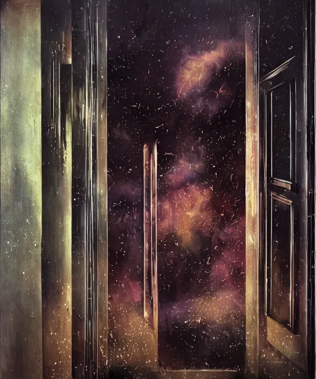 Image similar to horrifying full color photorealistic painting of a 1 9 2 5 hotel elevator opening up to a disorted view of the cosmos, dark, atmospheric, brooding, smooth, finely detailed, cinematic, epic, in the style of lee gibbons