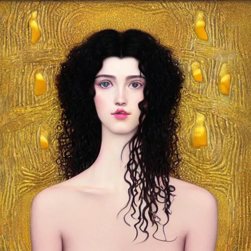 Image similar to a realistic cg rendering, a beautiful girl, long black curly hair, a slightly round face, deep and charming eyes, a touch of blush, a small and exquisite nose, delicate pale pink lips, a symmetrical face, symmetrical eyes, elegant and lovelyin the style of nikolai fechine and klimt