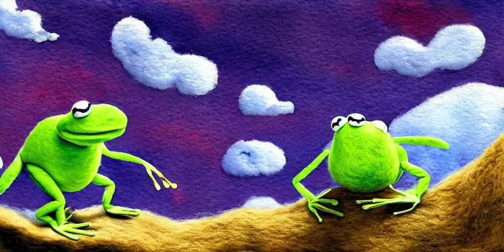Prompt: a watercolor art of kermit the frog with wool felting clouds illustration by nico delort, alien mountains background, 4 k resolution, matte painting, tarot card style, nasa photo