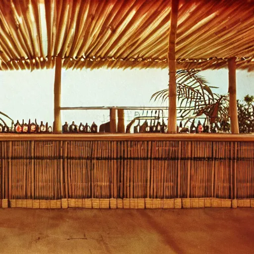 Image similar to mid century tiki bar empty with no people. bamboo. highly detailed retro 3 5 mm photo.