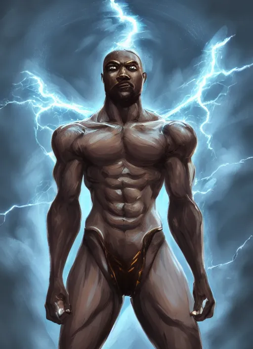 Image similar to a highly detailed illustration of short fade hair african god of lightning, evil summoning lightning from hands pose, moonlit clouds background, muscular, intricate, elegant, highly detailed, centered, digital painting, artstation, concept art, smooth, sharp focus, league of legends concept art, WLOP