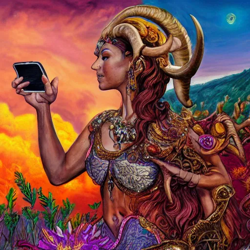 Image similar to horned ram goddess, checking her cell phone, erupting volcano in distance, sunset, flowers in foreground, zodiac, fantasy acrylic on canvas, intricately detailed, highly detailed, high resolution, hdr, 8 k, artist, trending on artstation, painting by senior concept artist josephine wall