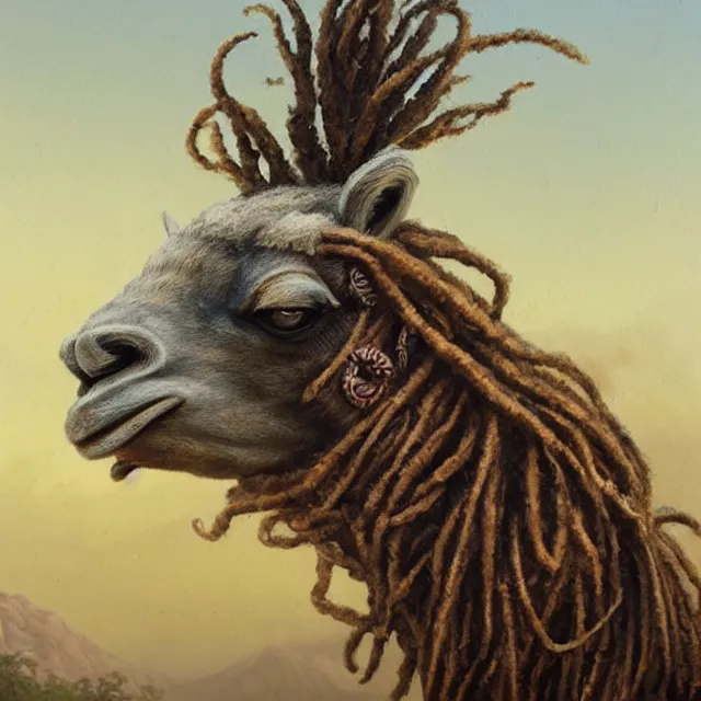 Prompt: llama with dreadlocks, by greg rutkowski, ernst haeckel, james jean