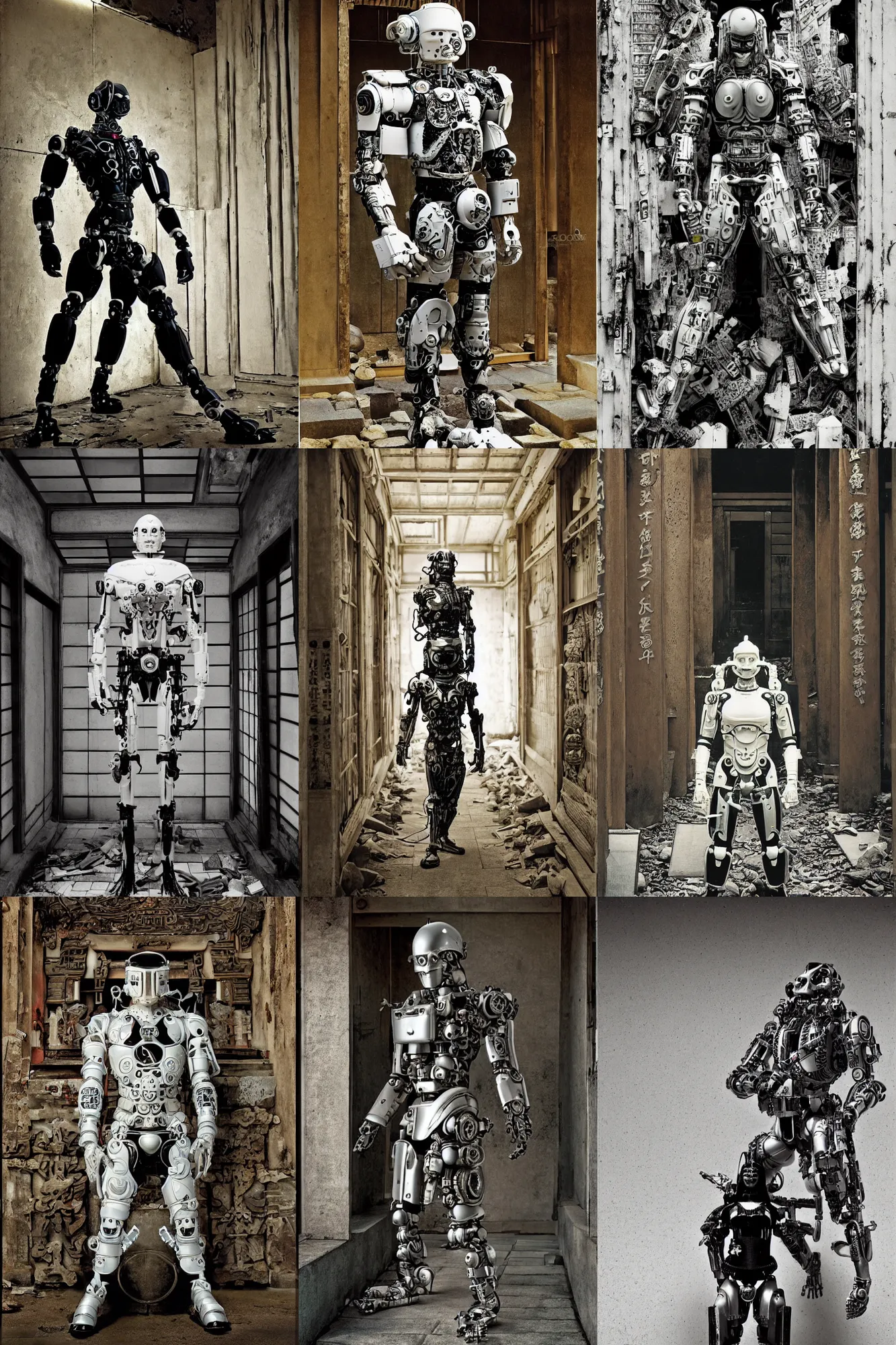 Prompt: cyborg with white and black ancestral ornate japanese tactical gear standing in an ancient japanese temple, long shot, dark abandoned city streets, by irving penn and storm thorgerson, ren heng, peter elson, alvar aalto