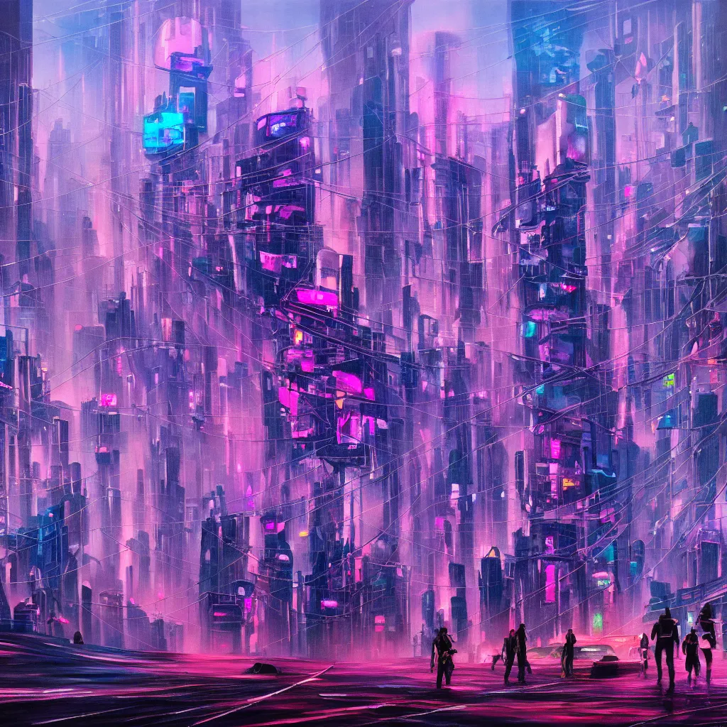 Prompt: oil painting of a futuristic, overpopulated, busy, dark cyberpunk metropolis, fuchsia and blue, people walking in the streets packed like sardines, tv screens on buildings, flying cars and hoverboards fly through smog, textured