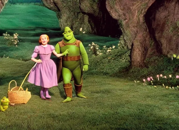 Image similar to a film still of shrek in the wizard of oz ( 1 9 3 9 ), technicolor