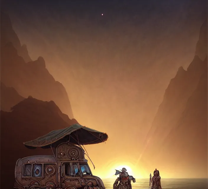 Prompt: subsurface scattering, a desert caravan rests at a lake oasis, the art of athas and dark sun, brom's dark sun art on a 7 0's style fantasy novel cover, digital painting by brom, amazingly detailed d & d art, concept art, intricate details, beautiful, volumetric lighting, cgsociety, artstation, square enix cinematic art