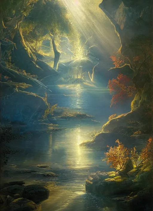 Image similar to the magical river, light shafts, stunning atmosphere, naturalistic art by asher brown durand, inspired by peter mohrbacher