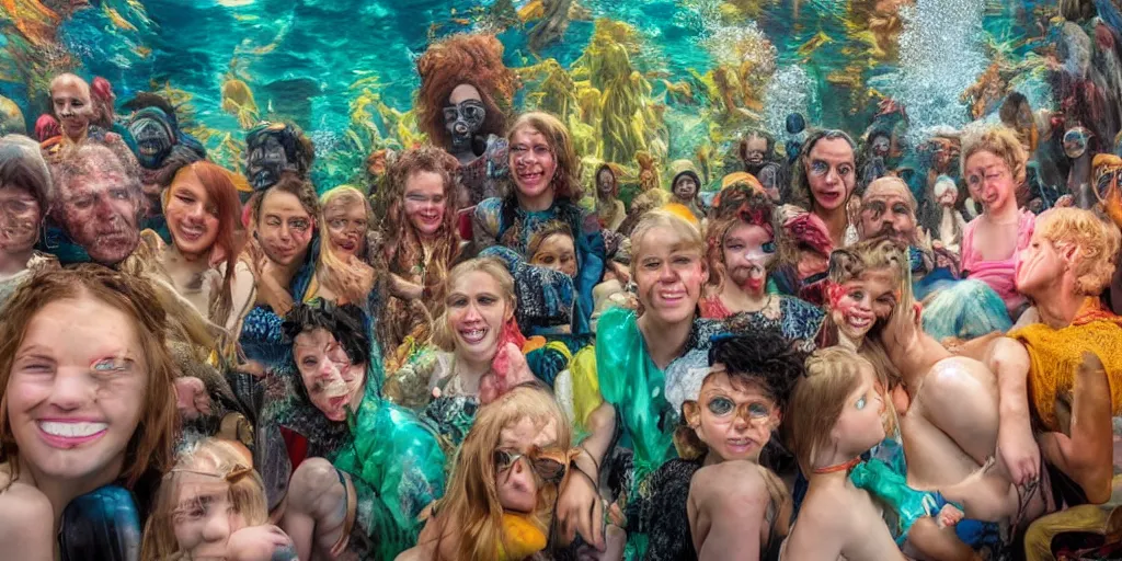 Image similar to detailed colour photographic masterpiece group portrait of people sat down extreme closeup, in the inside of the full crowded beautiful underwater train to atlantis, realistic and lifelike expressions, crowds of people sat down wearing unusual clothes