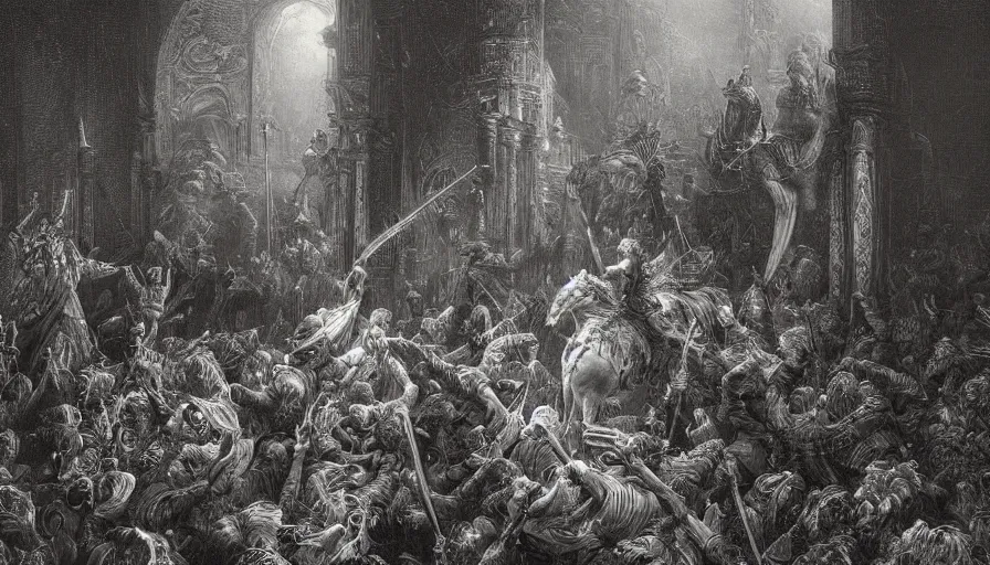 Image similar to big open book, open book page, don quixote left the book, cinematic romantic magical masterpiece by gene wolfe, highly detailed painting by gustave dore