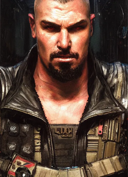 Prompt: big mike. cyberpunk professional wrestler wearing a military vest and combat gear. (Cyberpunk 2077, bladerunner 2049). Round face. Iranian orientalist portrait by john william waterhouse and Edwin Longsden Long and Theodore Ralli and Nasreddine Dinet, oil on canvas. Cinematic, hyper realism, realistic proportions, dramatic lighting, high detail 4k