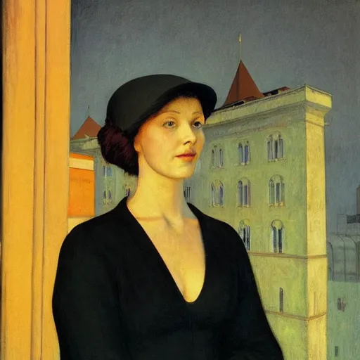 Prompt: a woman in a medieval city, hyperrealistic film still by edward hopper, by gottfried helnwein, by klimt, by paolo uccello, by johfra bosschart, art nouveau, highly detailed, strong lights, liminal, eerie, symbolist, bright pastel colors