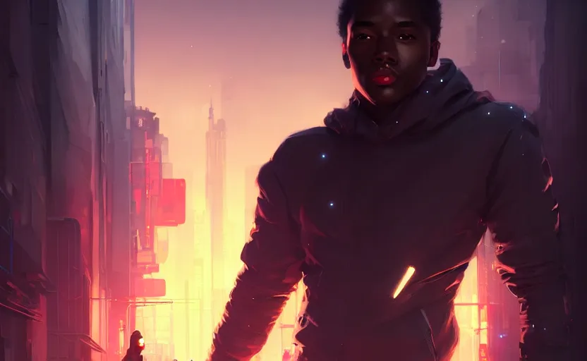 Image similar to single handsome black genius infiltrating the metaverse wearing jordans, urban atmosphere, glowing lights, highly detailed, digital painting, artstation, concept art, smooth, sharp focus, illustration, art by wlop, mars ravelo and greg rutkowski