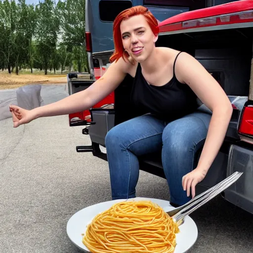 Image similar to fat scarlett johansson sitting in truck bed eating spaghetti