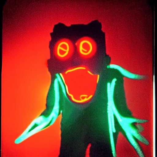 Image similar to gary busey creature, 9 0 s toy commercial, photo from the 7 0 s, horror lighting, neon lighting, polaroid photo,