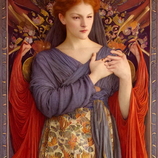 Image similar to princess of the dawn, by annie swynnerton and charlie bowater and diego rivera and william - adolphe bouguereau, nicholas roerich and jean delville and evelyn de morgan, dramatic lighting, brocade robes, elaborate floral ornament, rich colors, smooth sharp focus, extremely detailed, donato giancola, adolf wolfli