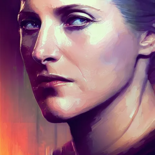 Image similar to gillian anderson, hyperrealistic portrait, bladerunner street, art of elysium by jeremy mann and alphonse mucha, fantasy art, photo realistic, dynamic lighting, artstation, poster, volumetric lighting, very detailed face, 4 k, award winning