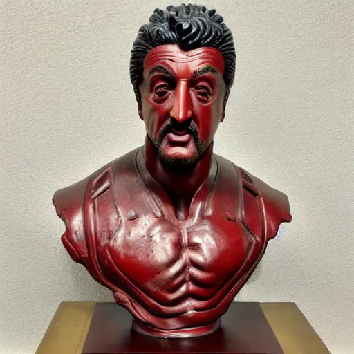 Image similar to museum stallone portrait statue monument made from porcelain brush face hand painted with iron red dragons full - length very very detailed intricate symmetrical well proportioned balanced