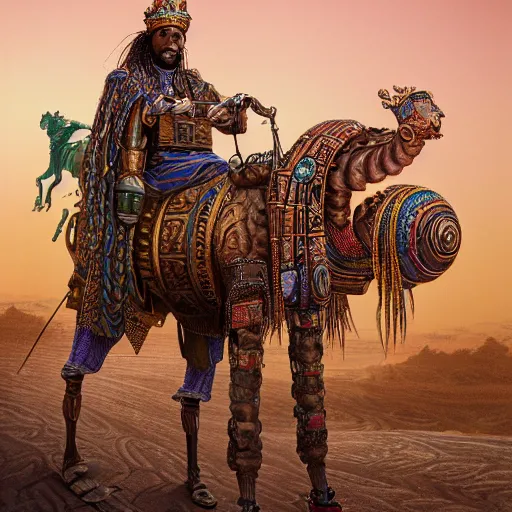 Prompt: an african moorish king with highly detailed and intricate cybernetic eyes and colorful dreadlocks and his steampunk camel in the desert, by android jones and greg rutkowski, Trending on artstation, hyperrealism, elegant, stylized, highly detailed digital art, 8k resolution, hd, global illumination, radiant light, detailed and intricate cyberpunk ghetto environment, rendered in octane, oil on canvas, wide angle.