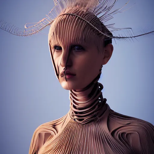 Image similar to hyper realistic woman figure dressed in futuristic dress, with a weird head piece on her head, made of wires, made of feathers, masterpiece, trending on artstation, photograph