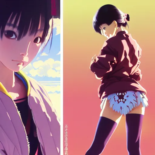 Image similar to a beautiful japanese natalie portman gravure model, wearing oversized native designer bomber jacket and leotard with overalls, bulky poofy bomber jacket with mesoamerican patterns, mesoamerican native street fashion, gapmoe yandere grimdark, trending on pixiv fanbox, painted by greg rutkowski makoto shinkai takashi takeuchi studio ghibli, akihiko yoshida