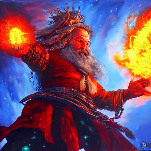 Prompt: Highly detailed oil painting, concept art, of a wizard casting a fireball spell, fighting against a huge ice giant, red and blue color scheme, concept art, highly detailed.