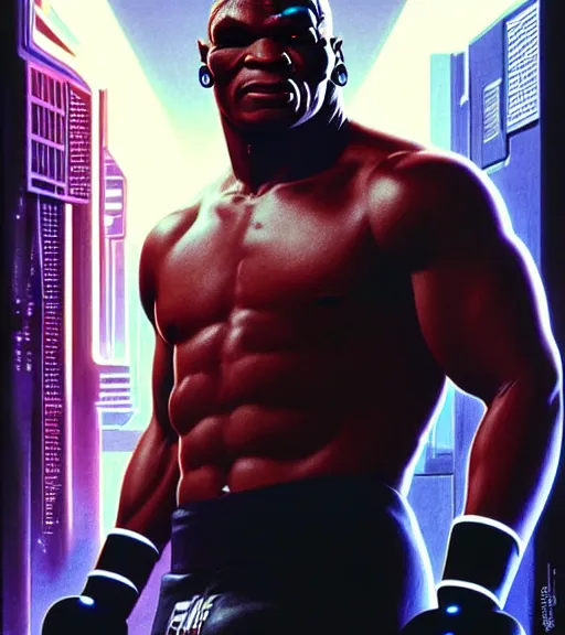 Image similar to a cyberpunk mike tyson, 1 9 7 9 omni magazine cover, style by vincent di fate, artgerm, very coherent, detailed, 4 k resolution, dark, unreal engine, daz