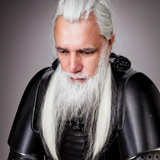 Prompt: Portrait Photography of a Middle-aged man with white hair, ponytail, medieval cotton clothes with leather full body armor