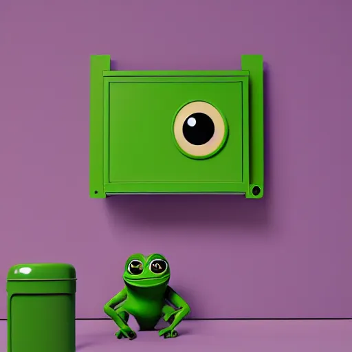 Prompt: isometric minimalistic backroom with pepe the frog and trashcans, cinema 4 d, 1 0 0 0 mm, purple and green scheme depth of field, octane render, studio lighting