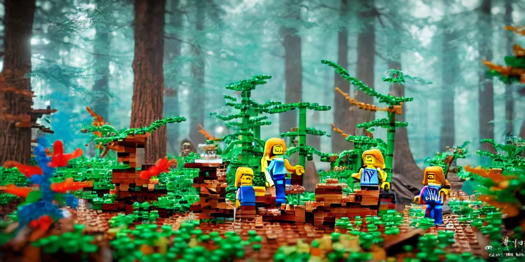 Prompt: magical lego imagination forest, sharp focus, moebius, print, game concept art, brush work