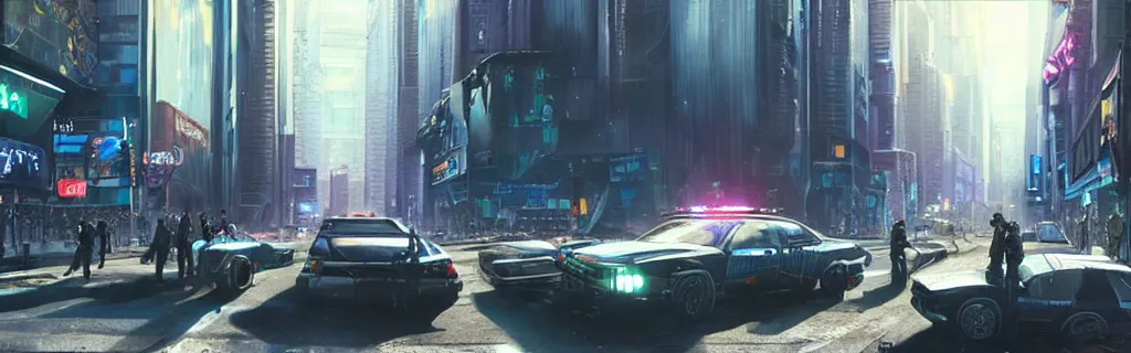 Image similar to a busy cyberpunk street with a heavy police presence. 8 k, epic cinematic hyperrealism masterpiece. realistic poster with shaded lighting by craig mallismo, artgerm, jeremy lipkin and michael garmash, unreal engine, radiant light, detailed and complex environment, digital art, art station trends, detailed, lens flare, motion blur