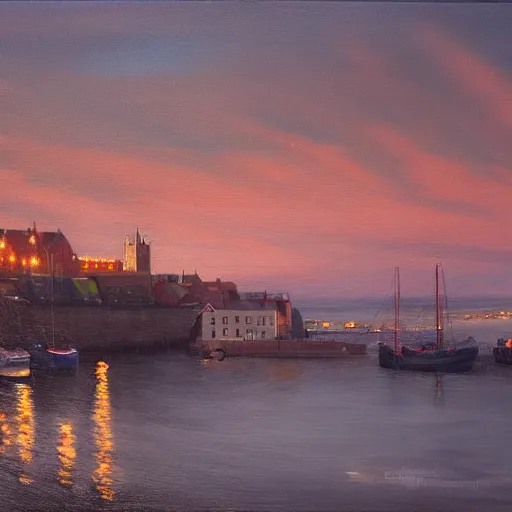 Prompt: painting of whitby in winter, at dusk, includes the harbor, photo realism, volumetric lighting