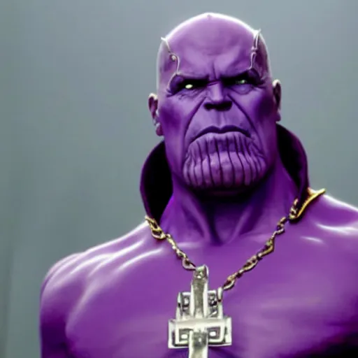 Image similar to thanos is the pope, purple skin, josh brolin, clerical clothes, full body shot, realistic, highly detailed