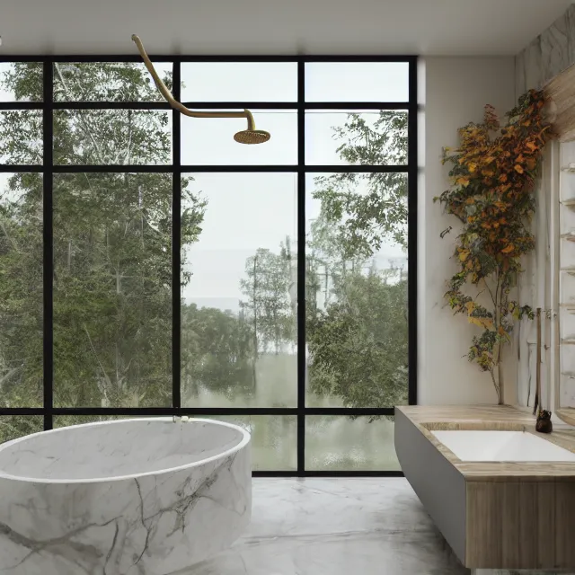 Image similar to post and beam bathroom interior, bathtub with golden faucet, wood cabinets, marble floor, large window in back with fall foliage river view, large potted plant, realistic, unreal engine render, octane render, hyper realistic, photo, 8 k