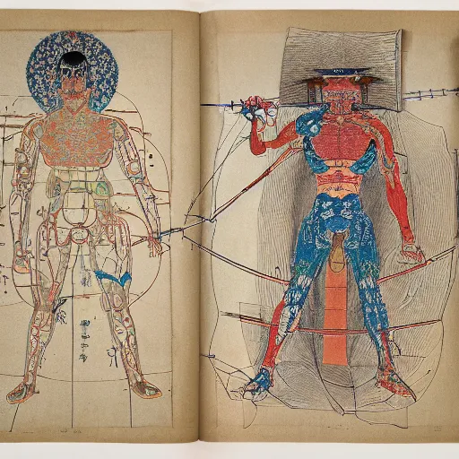 Image similar to a brilliantly colored Japanese scroll of an exploded diagram of a detailed engineering schematic of a cyborg samurai made by an AI in the pose vitruvian man in the style of jean giraud , post-processing , award winning, photo realistic, aged blood stains