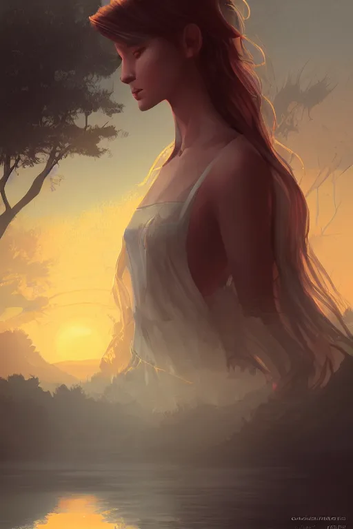 Prompt: sunrise mountain water vector illustration digital art by charlie bowater trending on artstation