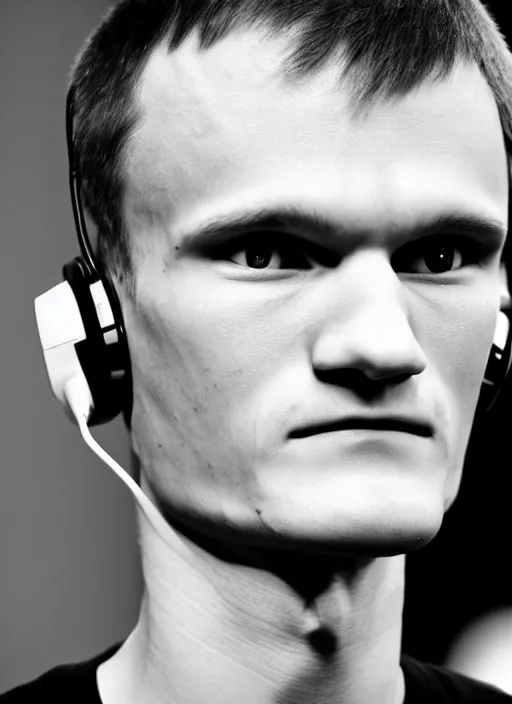 Prompt: perfect symmetric face, coherent eyes. vitalik buterin in headphones. vitalik buterin, close up, high detail, very sharp, 4 k